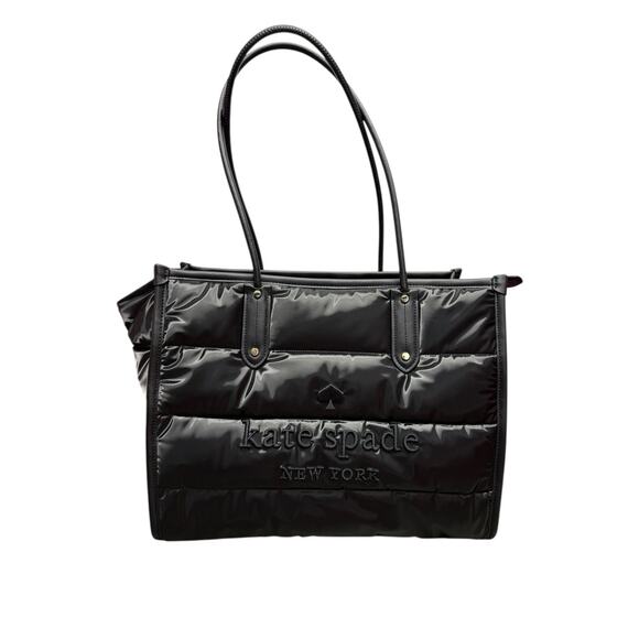 NEW Kate Spade Ella Puffy Black XL Tote Bag Nylon Leather Trim Travel Work Zip - Picture 5 of 9